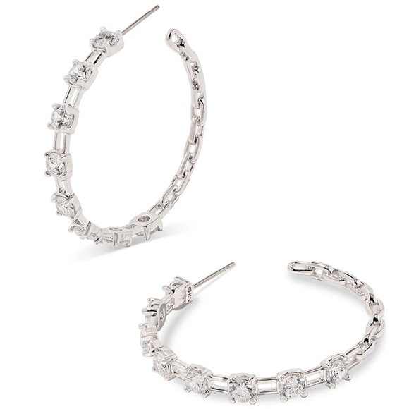 Crystal Square Link Medium Hoop Earrings Silver - Picture 2 of 2